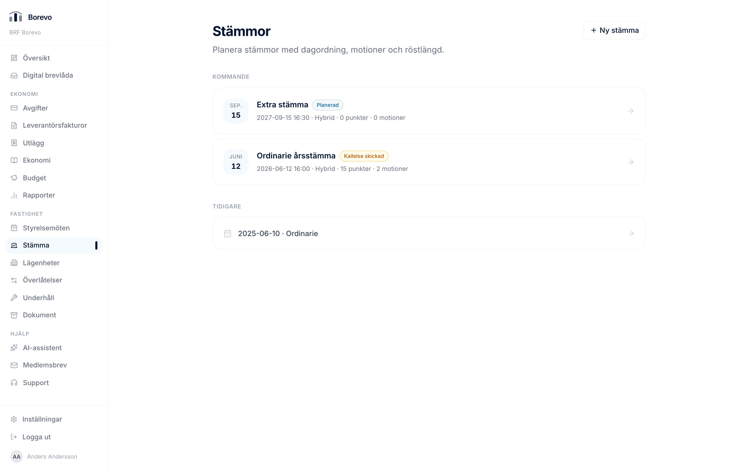 Stämmovyn i styrelseportalen med kommande stämmor, dagordning, motioner och kallelsestatus